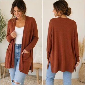 Wishlist Rust Open Front Cardigan M/L Lightweight Knit Boho Relaxed Cozy Pockets